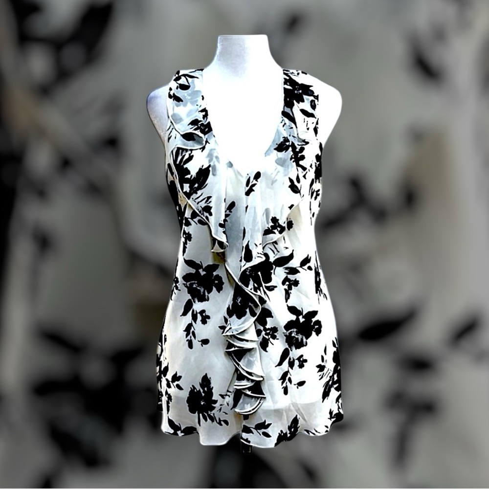 IZ BYER Sheer Black & White Floral Ruffle V Neck Sleeveless Blouse SZ MED